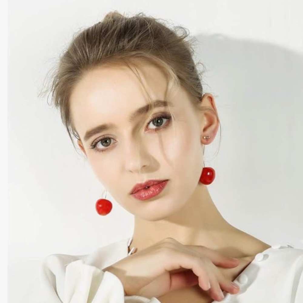 Gorgeous 3 D resin ,cherry red , red cherry gold tone drop earrings